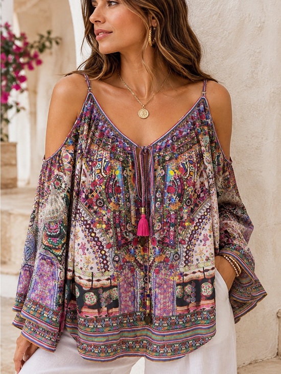 Camilla Tops - Camilla Embellished Silk Cold Shoulder Top Blouse M